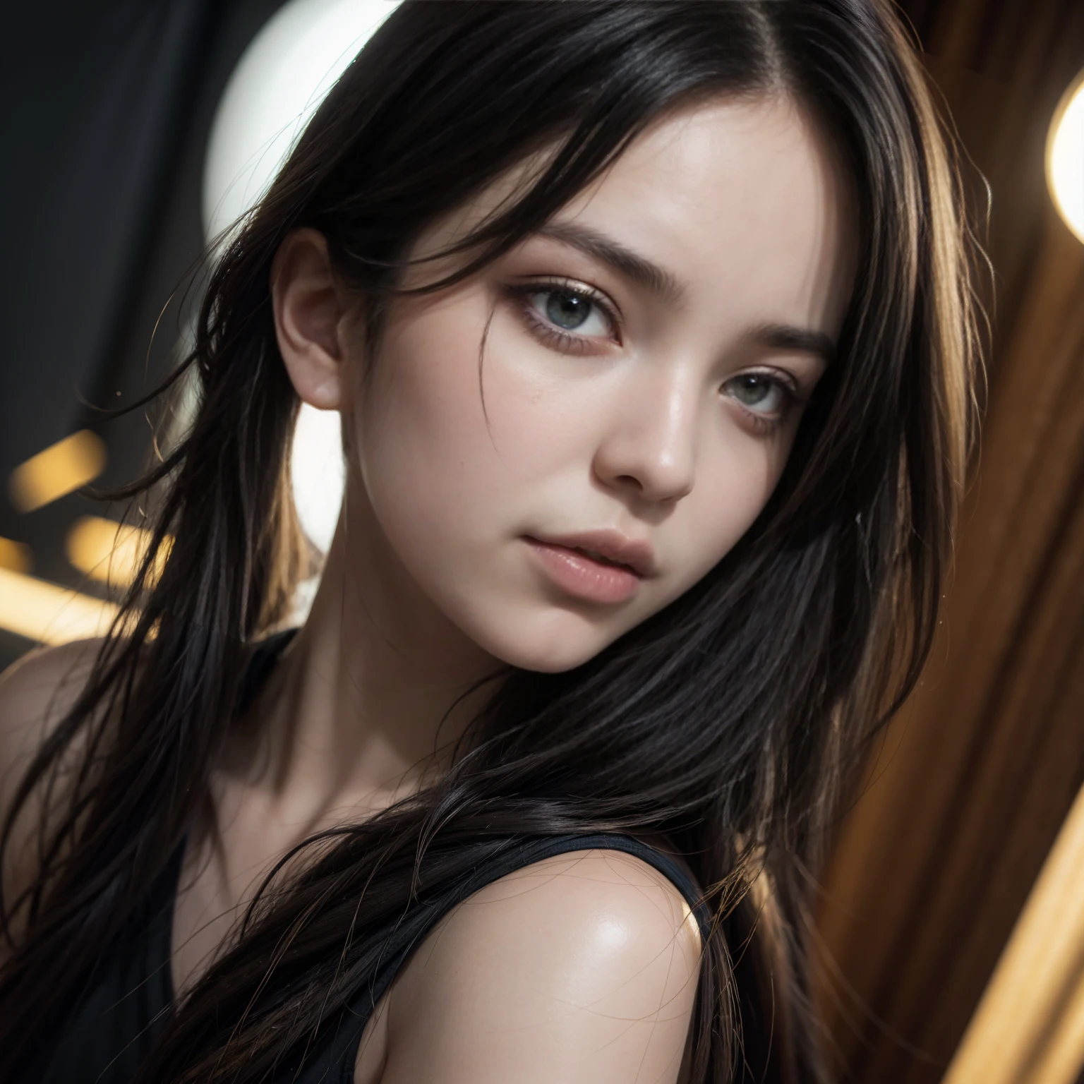 a close-up of a person with an evil expression on their face, tendência de octanagem na cgsociety, goth girl, very stylized character design, instagram art, sticker art, character is covered in liquid, realistic proportions sww, unique hair designs, realistic dynamic pose, gold and black color scheme, animation filming, ui card, krenzcushart