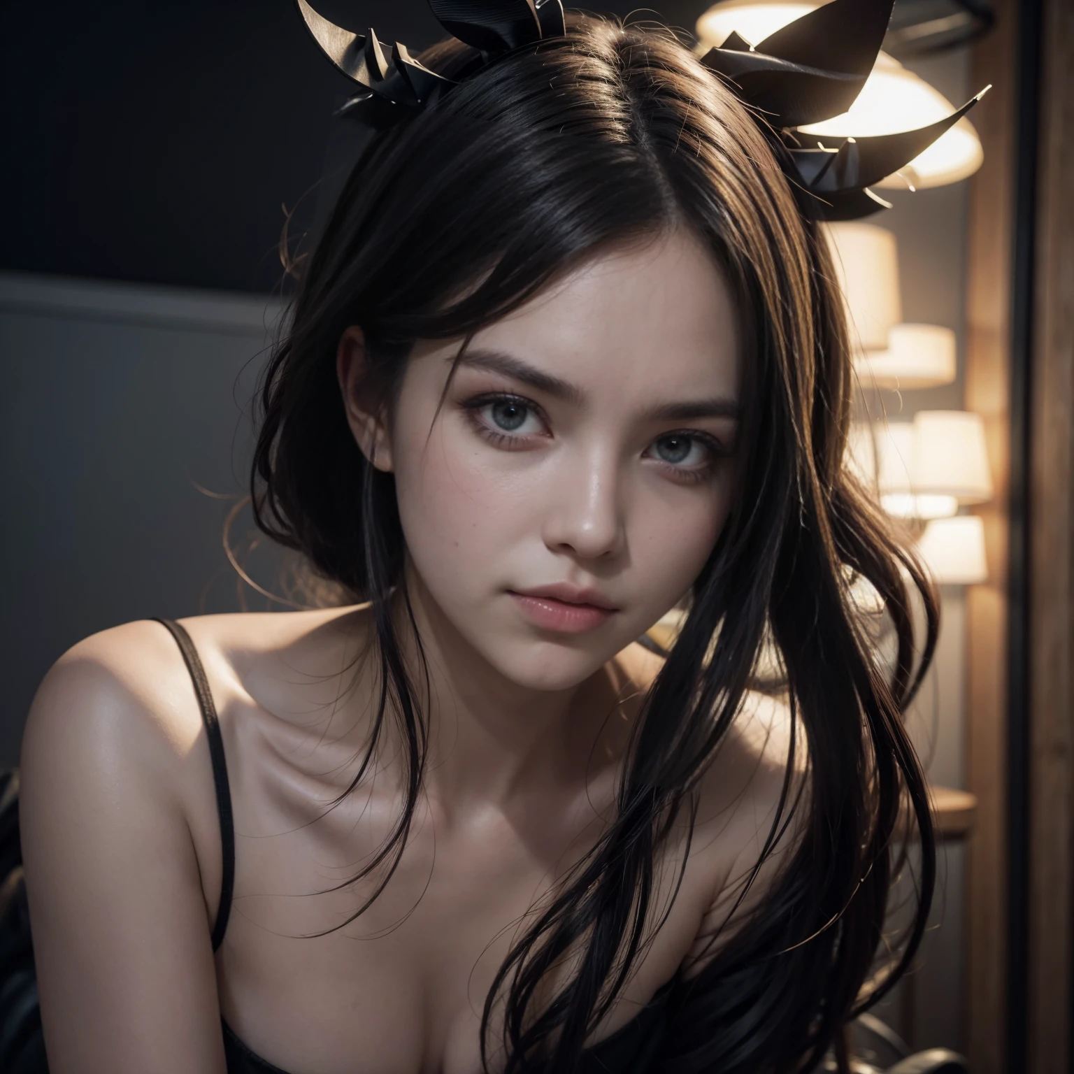 a close-up of a person with an evil expression on their face, tendência de octanagem na cgsociety, goth girl, very stylized character design, instagram art, sticker art, character is covered in liquid, realistic proportions sww, unique hair designs, realistic dynamic pose, gold and black color scheme, animation filming, ui card, krenzcushart