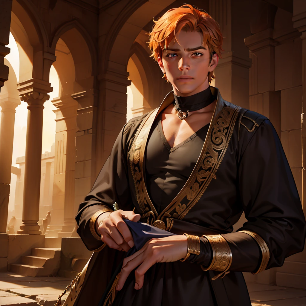 a 15 year old boy with orange hair,unconscious on sumerian ruins,black and orange clothes,(best quality,4k,8k,highres,masterpiece:1.2),ultra-detailed,(realistic,photorealistic,photo-realistic:1.37),extremely detailed face and eyes,beautiful detailed eyes,beautiful detailed lips,longeyelashes,dramatic lighting,cinematic composition,dramatic atmosphere,moody lighting,epic scale,intricate details,highly detailed architecture,ancient ruins,sumerian architecture,dramatic shadows,cinematic perspective