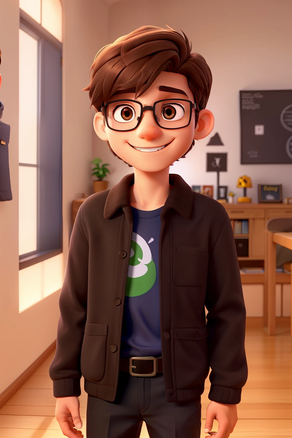 In this room full of light and joy, a boy with dark brown hair and dark eyes, with black frame glasses, plays smiling next to a blonde, with dark eyes and radiant beauty. ambos sorrem, but don't show your teeth. a cena tem a qualidade visual superior de um filme Pixar ou Disney, with precise details and vibrant colors that increase the harmonization of the environment. a , with its unparalleled beauty, joke esp