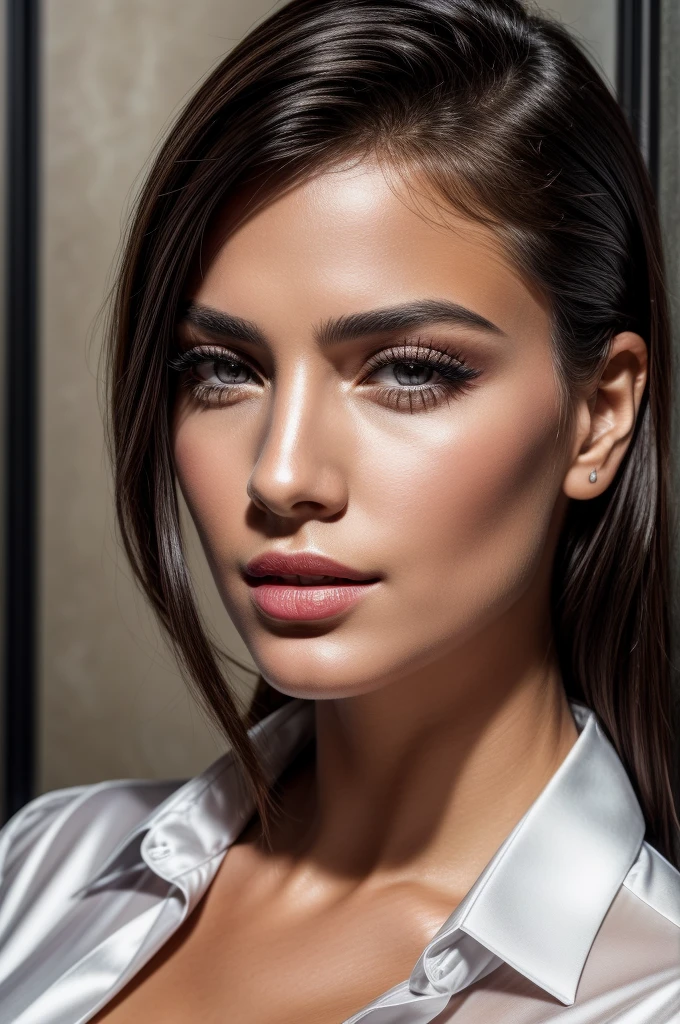 Masterpiece, an award winning portrait of a German 30 years old female beautiful business executive, ultra detailed face, ultra high detailed eyes, ultra realistic skin, (textured skin, skin pores, half body shot:1.1), tan skin, long black hair, hair over one eye, brown eyes, dark eyes, thin eyebrows, perfect teeth, red lipstick, seductive makeup, Armani satin business shirt, 32K, ultra high res.photorealistic, UHD, Leica SL2 + Leica Vario-Elmarit-SL 24-70 f/2.8 ASPH, RAW, sharp ,natural lighting, a corporate photography