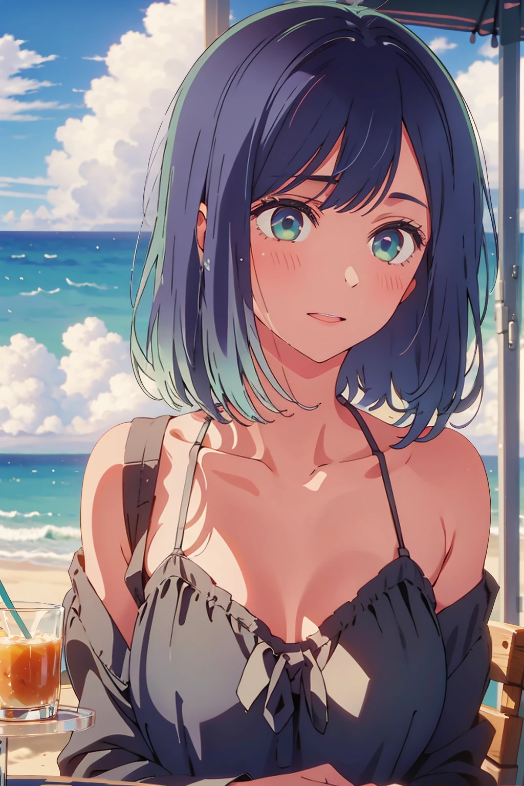 (Highest quality:1.4、masterpiece:1.4、Super detailed:1.4、8K:1.4)、((((1 person、Surprised expression、sit、Outdoor café terrace、coastal、juice、table、Sandy Beach、Support your chest with your hands、Big eyes、Plain Bikini、The depth of the written world、Very cute face))))、F cup bust、Medium breast