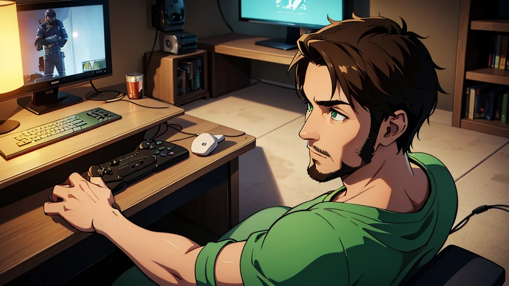 a young age man with a thin beard, cute look, thin and slight body, green eyes, light brown hair, playing video games, holding joysticks, (best quality,4k,8k,highres,masterpiece:1.2),ultra-detailed,(realistic,photorealistic,photo-realistic:1.37),hyperrealistic,extremely detailed face and eyes,extremely detailed hands,video game,gaming,controller,joystick,detailed gaming setup,warm lighting,soft lighting,cozy atmosphere