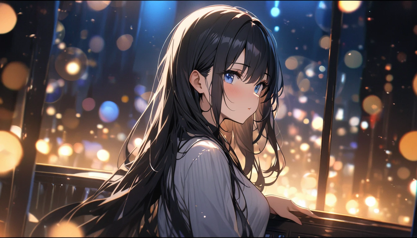 Full resolution, Highest quality, masterpiece, Full HD, Bokeh, particle Bokeh, Depth of written boundary,  Beautiful girls, Very detailed, One girl, pretty girl, Black Hair, Long Hair, Blue water eyes