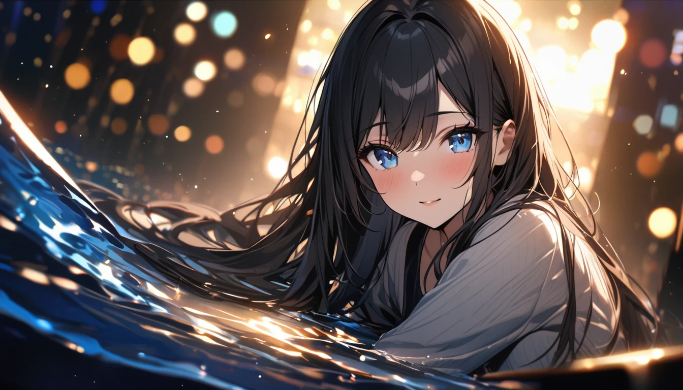 Full resolution, Highest quality, masterpiece, Full HD, Bokeh, particle Bokeh, Depth of written boundary, Beautiful girls, Very detailed, One girl, pretty girl, Black Hair, Long Hair, Blue water eyes