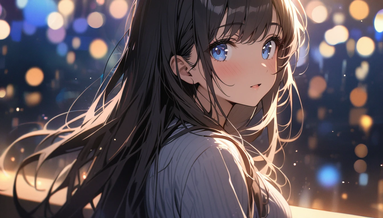 Full resolution, Highest quality, masterpiece, Full HD, Bokeh, particle Bokeh, Depth of written boundary, Beautiful girls, Very detailed, One girl, pretty girl, Black Hair, Long Hair, Blue water eyes