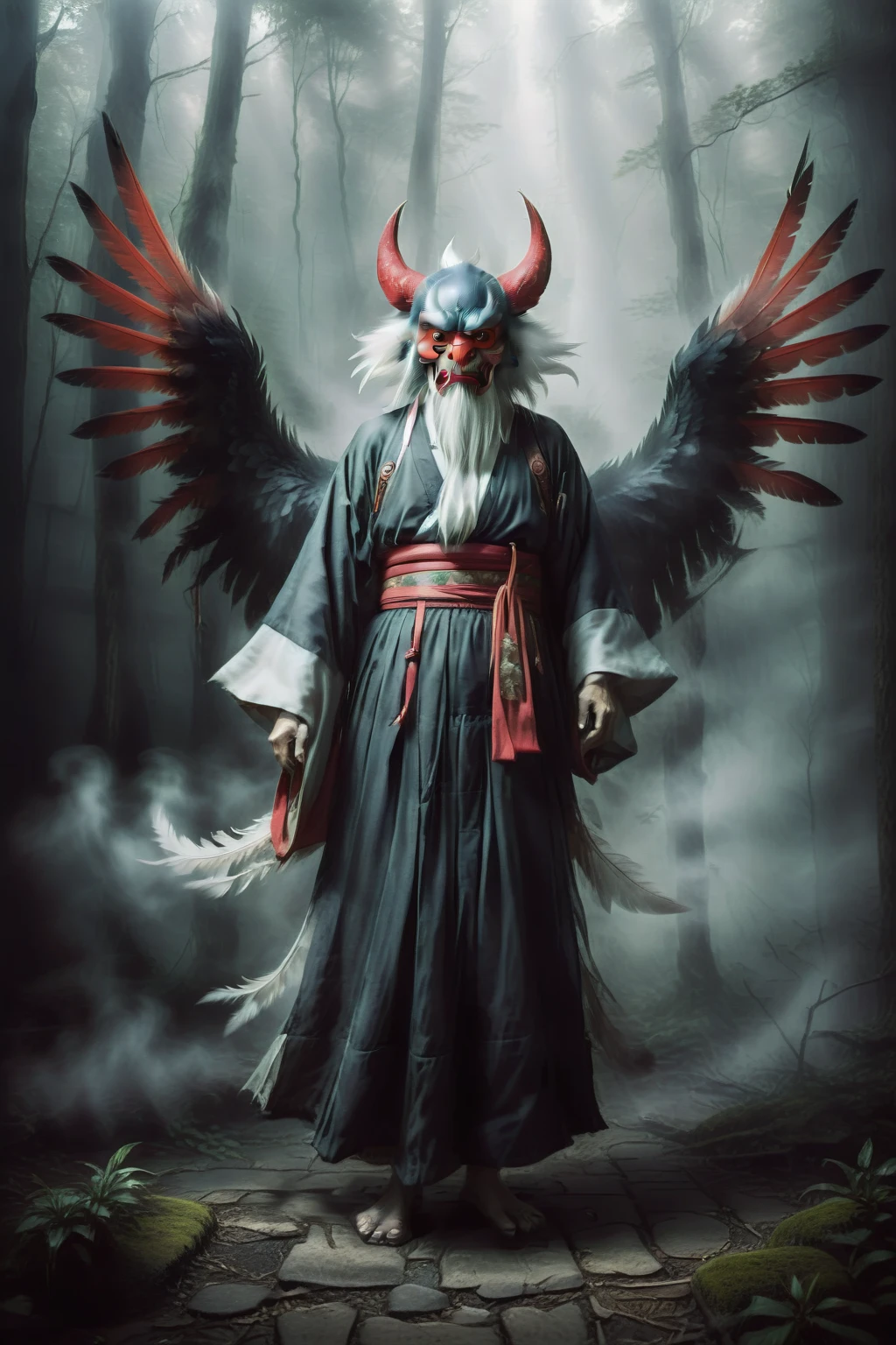 Create a highly realistic and eerie depiction of the Tengu, a popular and terrifying yokai from Japanese folklore. The Tengu should appear as a fearsome and powerful figure with a long, exaggerated nose and a menacing red face. It is dressed in traditional Japanese warrior attire, including a robe, armor, and geta sandals. The Tengu has large, dark feathered wings and holds a fan made of feathers, symbolizing its mystical abilities. The background should be a dark, dense, ancient forest with swirling mist and shadowy figures, adding to the unsettling and haunting atmosphere. The overall image should evoke a sense of fear and unease, capturing the terrifying essence of this legendary yokai.