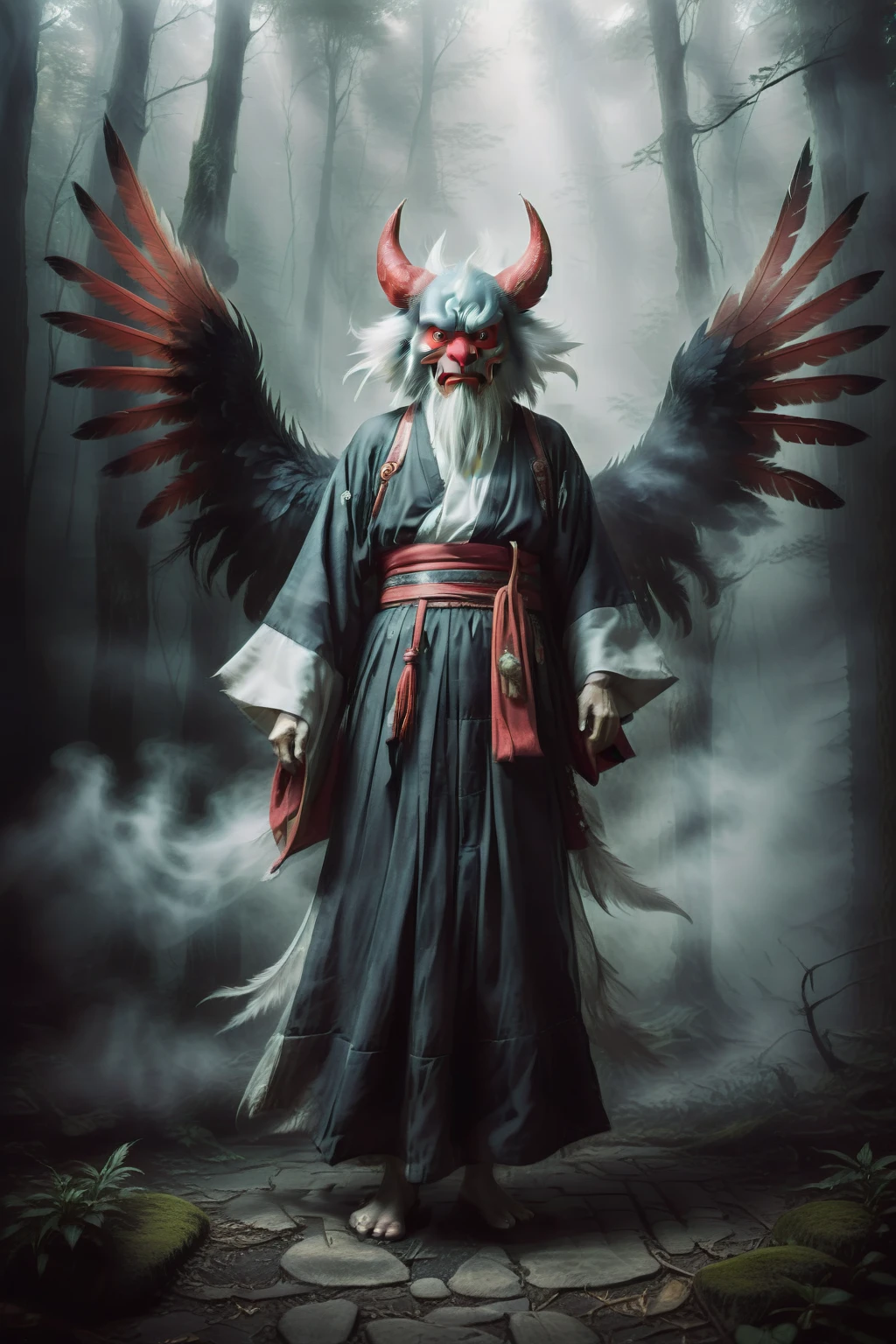 Create a highly realistic and eerie depiction of the Tengu, a popular and terrifying yokai from Japanese folklore. The Tengu should appear as a fearsome and powerful figure with a long, exaggerated nose and a menacing red face. It is dressed in traditional Japanese warrior attire, including a robe, armor, and geta sandals. The Tengu has large, dark feathered wings and holds a fan made of feathers, symbolizing its mystical abilities. The background should be a dark, dense, ancient forest with swirling mist and shadowy figures, adding to the unsettling and haunting atmosphere. The overall image should evoke a sense of fear and unease, capturing the terrifying essence of this legendary yokai.