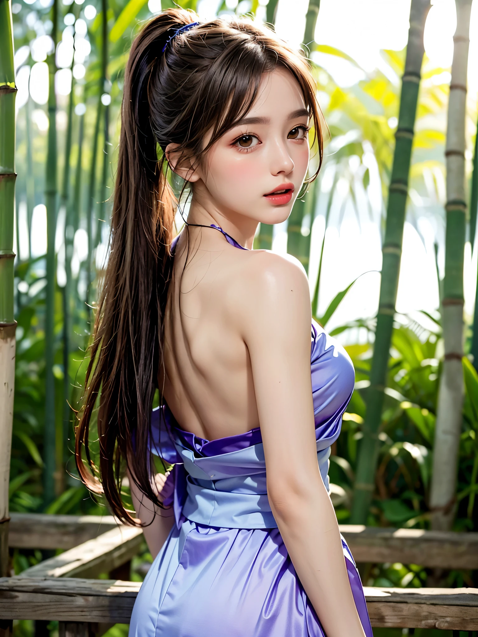 masterpiece, best quality, extremely detailed CG unity 8k wallpaper, Wearing a detailed, high-definition purple kimono。lips, Open_mouth, Realistic, photograph_\(Moderate\), alone, (masterpiece),(photographRealistic:1.3), Very detailed, (Skin with attention to detail:1.2),(Highest quality:1.0), (Ultra-high resolution:1.0), Beautiful long hair tied in a ponytail, (Beautiful and detailed makeup), (Sexually excited、Blushing、breathing becomes rough:1.0), Looking back from a rear angle。The background is a bamboo forest with many strips of paper.。