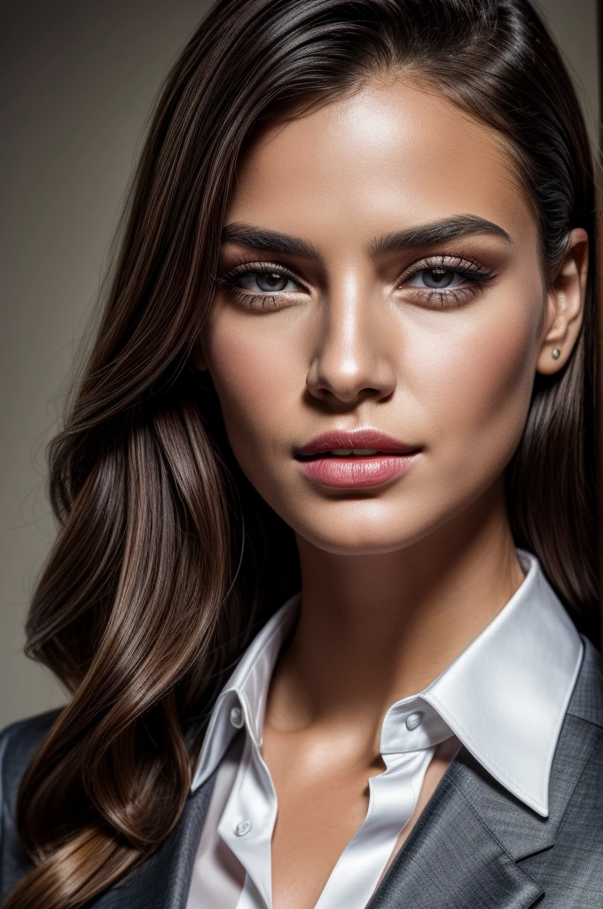 Masterpiece, an award winning portrait of a German 30 years old female beautiful business executive, ultra detailed face, ultra high detailed eyes, ultra realistic skin, (textured skin, skin pores, half body shot:1.1), tan skin, long black hair, hair over one eye, brown eyes, dark eyes, thin eyebrows, perfect teeth, red lipstick, seductive makeup, Armani satin business shirt, 32K, ultra high res.photorealistic, UHD, Leica SL2 + Leica Vario-Elmarit-SL 24-70 f/2.8 ASPH, RAW, sharp ,natural lighting, a corporate photography