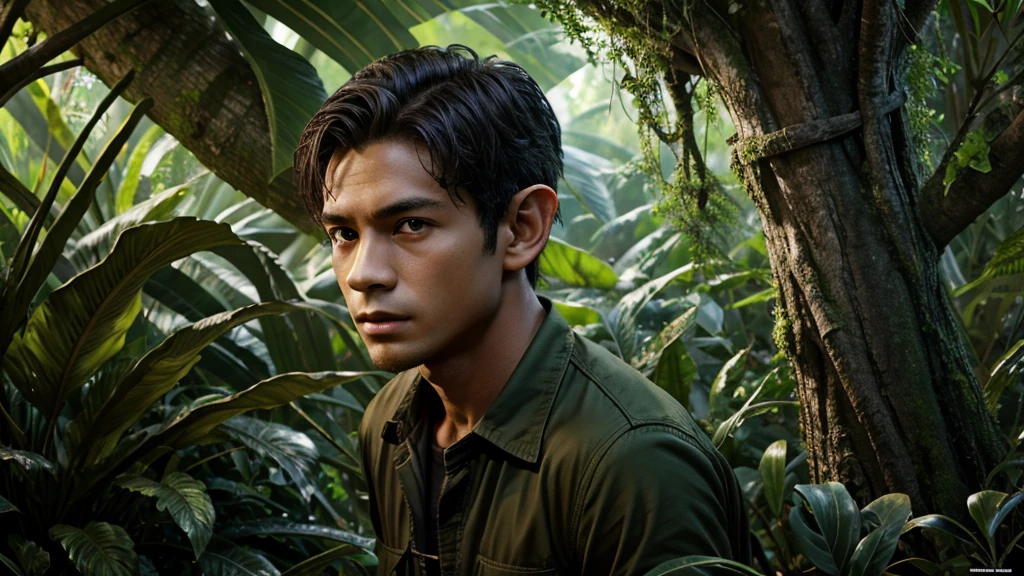 Goblin shadow in tree in jungle, see as 7 years old boy handsome and 25 years old man, high quality high resolution 8k details including poster colour including