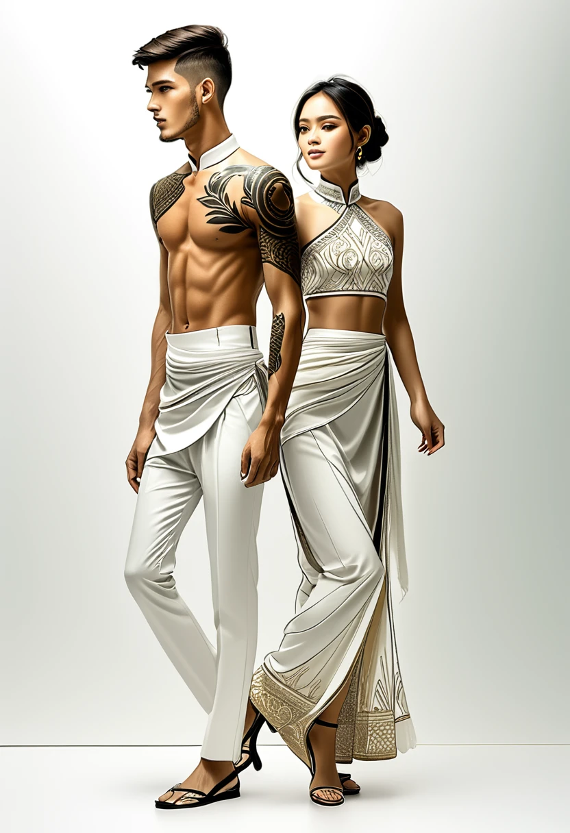 candid fashion illustration of two young man and women, 20 year old, adorned in a meticulously crafted North Thai traditional outfit, ((showcase fashion in a Northern Thai style, cotton handwoven in white color)), simple elegant and luxury style, The man wears a simple long-sleeved white mandarin collar shirt, paired with white Tailor pants, and shoes, The woman complements him with white tubular skirt or Sarong with simple patterns, ankle-length, fitted intricately decorated blouse that complements the skirt. Captured in a low angle, ((full-body image)), stands gracefully against the white backdrop. Their attire simple with intricate embroidery and white accents, each element carefully chosen to reflect the rich Lanna cultural heritage, ((white studio background)), realistic color pencil lines, perfect drawing, charcoal lines, fading sketch, quick Sketch, soft light, fashion illustration, fashion sketching