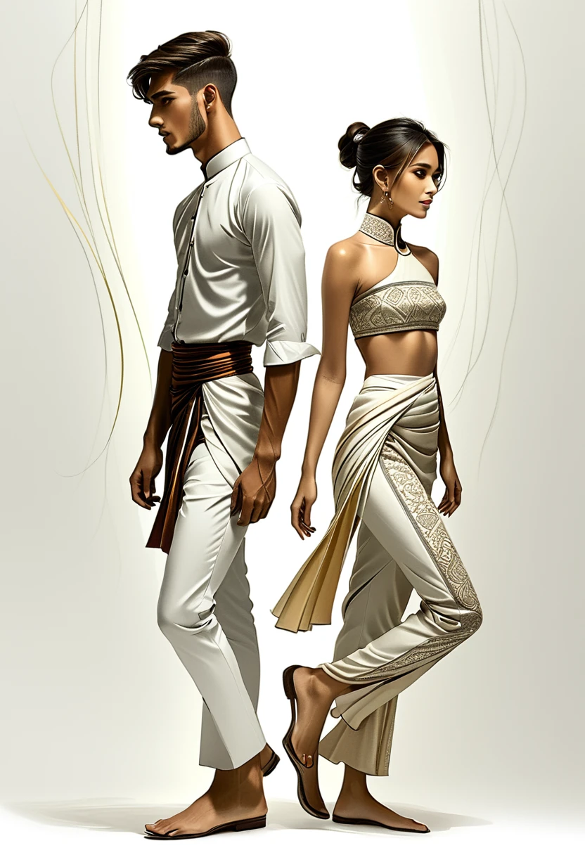 candid fashion illustration of two young man and women, 20 year old, adorned in a meticulously crafted North Thai traditional outfit, ((showcase fashion in a Northern Thai style, cotton handwoven in white color)), simple elegant and luxury style, The man wears a simple long-sleeved white mandarin collar shirt, paired with white Tailor pants, and shoes, The woman complements him with white tubular skirt or Sarong with simple patterns, ankle-length, fitted intricately decorated blouse that complements the skirt. Captured in a low angle, ((full-body image)), stands gracefully against the white backdrop. Their attire simple with intricate embroidery and white accents, each element carefully chosen to reflect the rich Lanna cultural heritage, ((white studio background)), realistic color pencil lines, perfect drawing, charcoal lines, fading sketch, quick Sketch, soft light, fashion illustration, fashion sketching