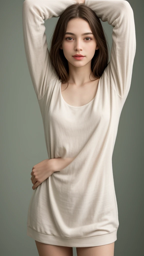 (Highest quality, Realistic, High resolution, reality, Realistic details), Beautiful Elf Girl, Wearing an oversized long-sleeved knit shirt, Delicate face, Natural Hands, A light smile, (Single color background), ((nude))、Supermodel,Blonde、