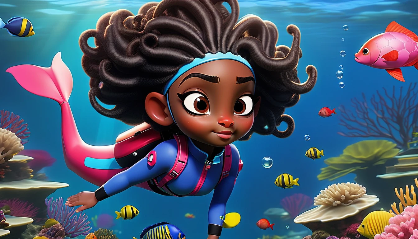 Create a vibrant underwater scene featuring a kid-friendly avatar of a young girl named Arya with dark skin, hair styled in afro puffs with pink and red bows. Arya is swimming underwater, wearing scuba gear including a pink wetsuit, blue overalls, goggles, snorkel, and pink flippers. The underwater environment is lively and colorful, filled with marine life such as fish, coral, and bubbles. Arya has a playful demeanor with large, expressive eyes and a friendly smile.