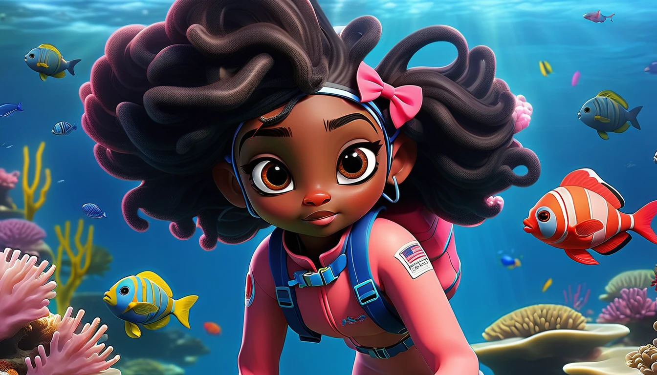 Create a vibrant underwater scene featuring a kid-friendly avatar of a young girl named Arya with dark skin, hair styled in afro puffs with pink and red bows. Arya is swimming underwater, wearing scuba gear including a pink wetsuit, blue overalls, goggles, snorkel, and pink flippers. The underwater environment is lively and colorful, filled with marine life such as fish, coral, and bubbles. Arya has a playful demeanor with large, expressive eyes and a friendly smile.