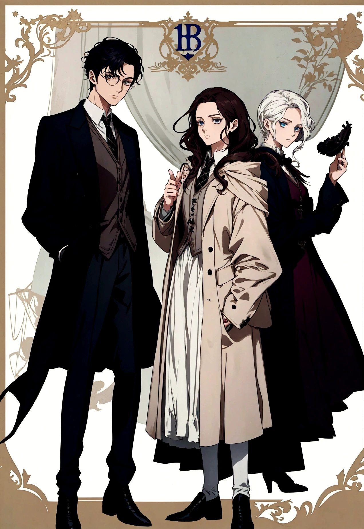 anime characters dressed in victorian clothing and doing magic, holding wands, anime key visual of elegant, key art, official fanart, style arcane tv series, ( ( wearing a long coat ) ), spy x family, official character illustration, official art, arcane style!!!!!, official character art, key visual, dark academia, official illustration, detailed fanart, style of arcane tv series