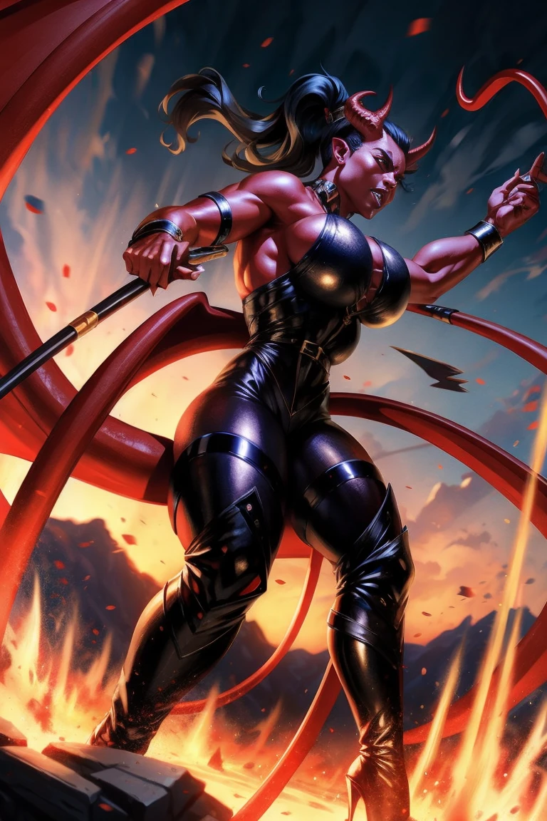 Red skin succubus tiefling, medium breasts, black horns, wings, huge tail, black leather, tall, toned, graceful, thin, long black ponytail. Action scene, whip.