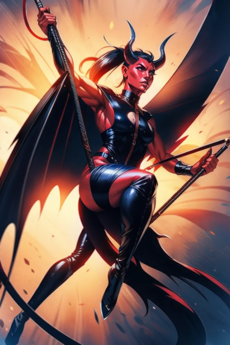 Red skin succubus tiefling, medium breasts, black horns, wings, huge tail, black leather, tall, toned, graceful, thin, long black ponytail. Action scene, whip.