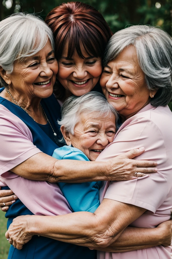 Two grandmas hugging their granddaughter 