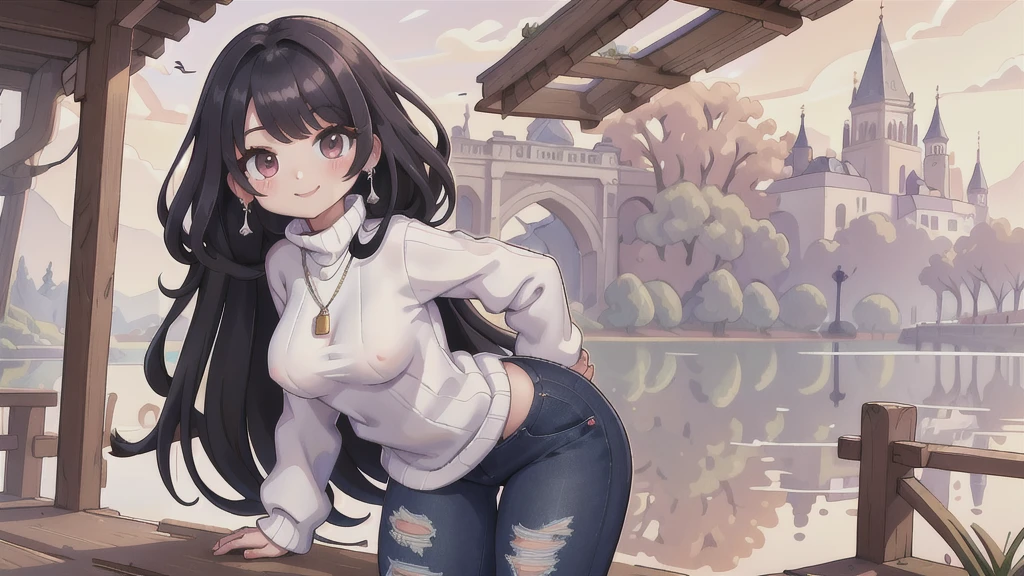 25 years old women, long black wavy hair、bangss、tight white turtleneck sweater, Puffy nipple、Tight jeans pants, jaket、Medium milk, cute smile face、(Butt sticking out pose)、(turned around)、sexy hips、Red high heels、Parks with lakes、sexy pose、Sexy lace panties、Big necklace、earrings、Photos showing the whole body