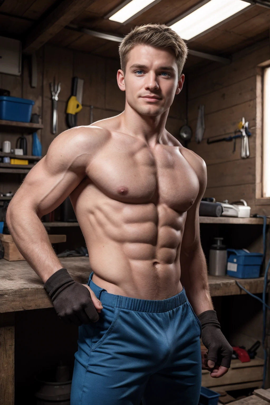 1boy, (Blue Eyes), happy smile,American boy,18 years old,young, thick body, slender, sport body build, child-like,White age boy ,(best quality, highres:1.2), ultra-detailed, realistic:1.37, mechanic maintenance technician outfit, tools, blue overalls, dirty hands, a wrench, a screwdriver, a toolbox, gloves, work boots, a workbench, metal workshop, a well-lit background,pale skin, skinny, good lighting, very pale skin, light skin, model with attractive body,medium bulge and medium butts,(Best quality, 8k, Masterpiece). High Detail , superior quality, natural lighting, beautiful, sexy, correct anatomy, good composition,realistic shapes, realistic skin tones,Natural eyes,realistic eyes,looking up at viewer,vpl,realistic muscles,Realistic wrinkles on the skin,Realistic arms and legs,Realistic face,realistic hair,Make a sexy and seductive face, Clear Focus: 1.2, Perfect Body virile: 1.4 , Slender Abs: 1.2, Highly detailed face and skin texture, detailed eyes, double eyelids, big upper lip, man focus,amazing composition, front view, HDR, volumetric lighting, ultra quality, elegant,Post a erotic photoshoot,Realistic pose,detailed hair,full body,Fujifilm XT3 photorealistic art by midjourney