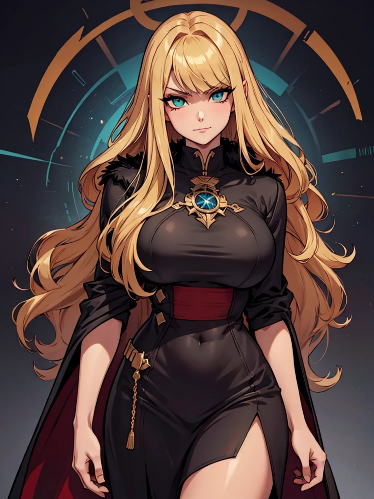 ((masterpiece)), ((best quality)), 1girl, adult, long hair, big bust, ((blonde hair)), very long blonde hair, ((intimidant look)), ((close-up)), perfect hands, green eyes, black and red clothes, sexy, dark colors, brillant eyes, ((coat with fur)), ((wavy hair)), ((sexy pose)), ((intimidant look)), good anatomy, ((dark sage clothes)), ((straight cut bangs)), emotionless, intimidant, ((beautiful eyes)), dark background, close up, ((detailed eyes)), beautiful eyes, ((detailed face)), hair bang, frontal look, smile, magical goddess othinus, abs, detailed face, eyepatch, full body, ((detailed))