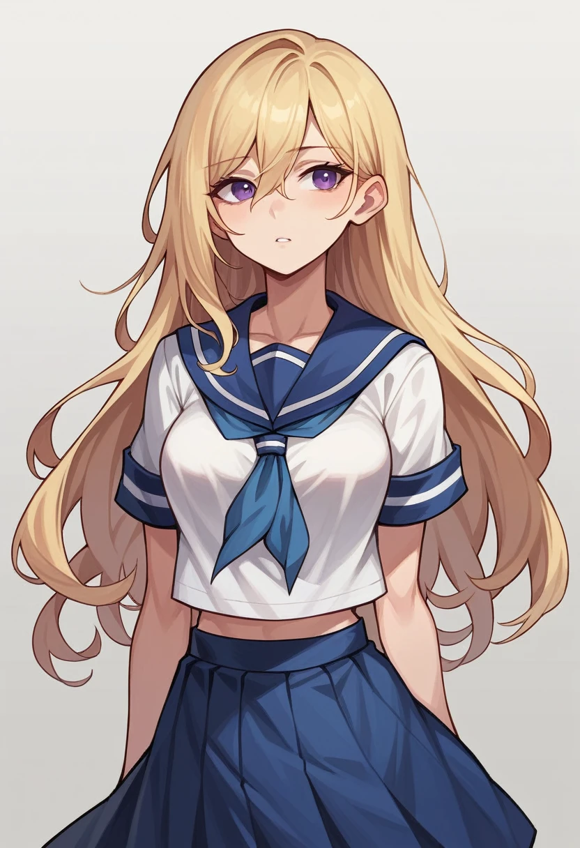 best quality, masterpiece, super high resolution, perfect anatomy, 1girl, blonde hair, long hair, hair between eyes, hair_behind_ear, parted_bangs swept_bangs purple eyes, medium breasts, teenage, b:86cm, W:55cm, H:83cm, absurdes, serafuku, skirt,
