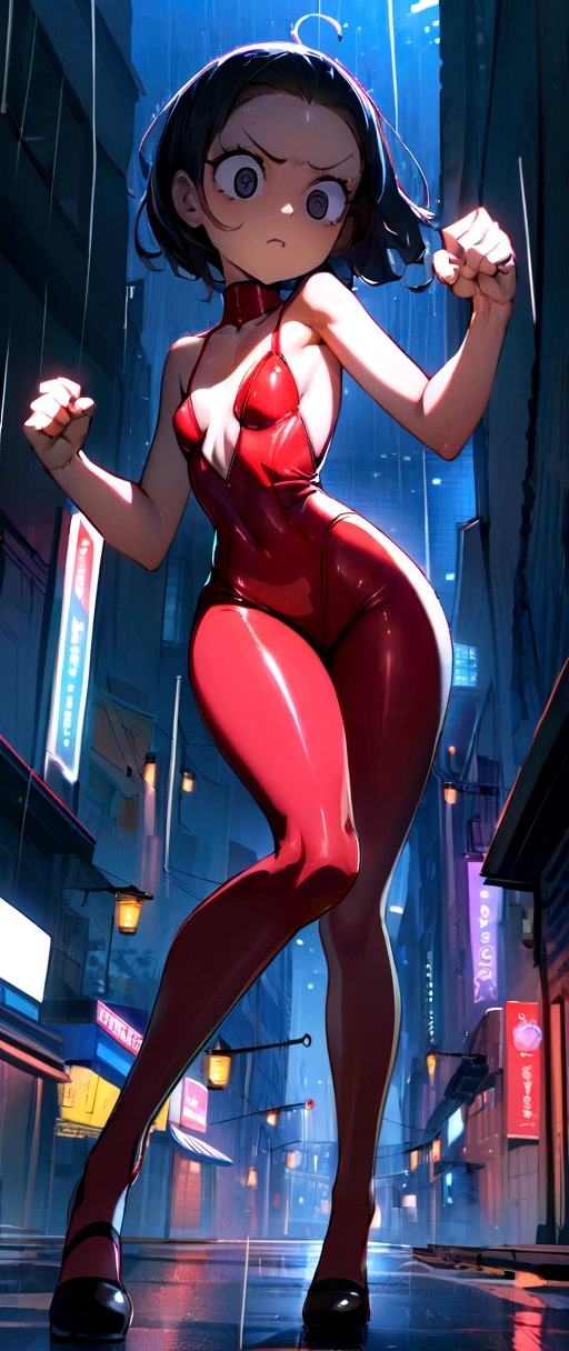 maryms,Best Quality,(beauty),masterpiece, 1girl,phisically-based render ,ultra highres,narrow waist, skinny,big eyes,long legs,(small breasts),puffy eyes, night,(rainy city), shiny skin, facing viewer, fighting stance, (make a fist),firm expression,