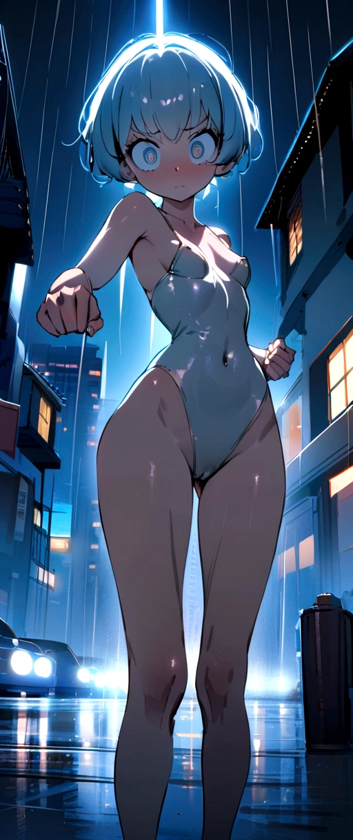 maryms,Best Quality,(beauty),masterpiece,  1girl,phisically-based render ,ultra highres,narrow waist, skinny,big eyes,long legs,(small breasts),puffy eyes, night,(rainy city), shiny skin, facing viewer, fighting stance, (make a fist),firm expression,