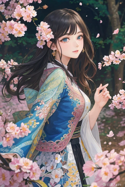 (1girl, 独奏, from side), The is very detailed, (abstract backgrounds, zentangle, s fractal art:1.3), (many color, Colorful:1.1), (feater, petals, blossoms:1.3), dynamicposes, 耳Nipple Ring,portrait of a princess, , in the art style of bowater, Baroque fluffy skirt,Fantasy art style, beautiful fantasy maiden,Exquisite and perfect facial features,Beautiful and delicate eyes,long eyelasher,Delicate eyeliner,blue eyes,Dark pupils,,There are bright spots in the eyes,almond eyes,Beautiful lip details,8K high-definition,anatomy correct,Oil painting thick painting style,Messy black hair,cottage in the forest,Colorful birds