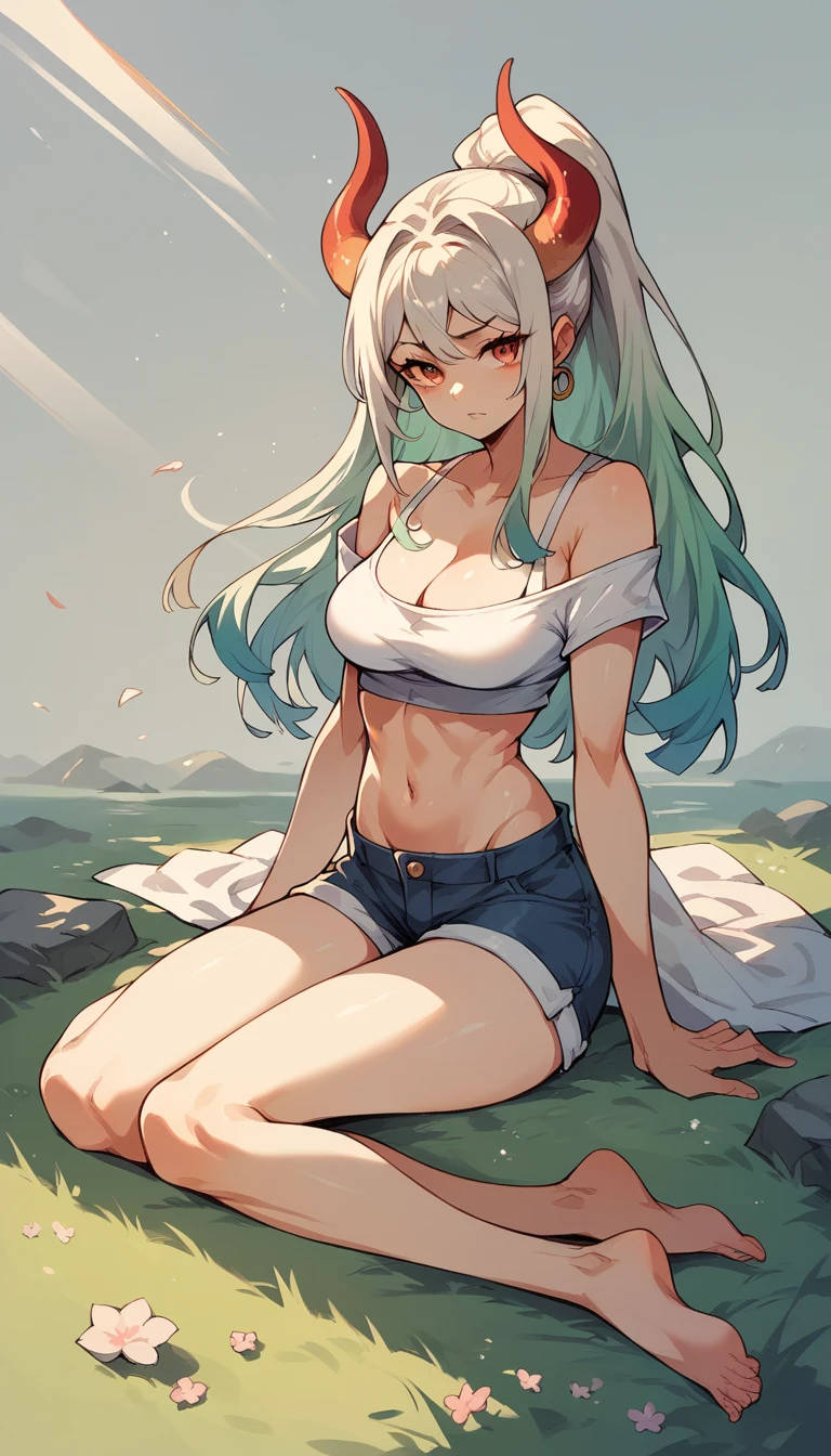 Yamato, barefoot, white crop-top, short shorts, cleavage