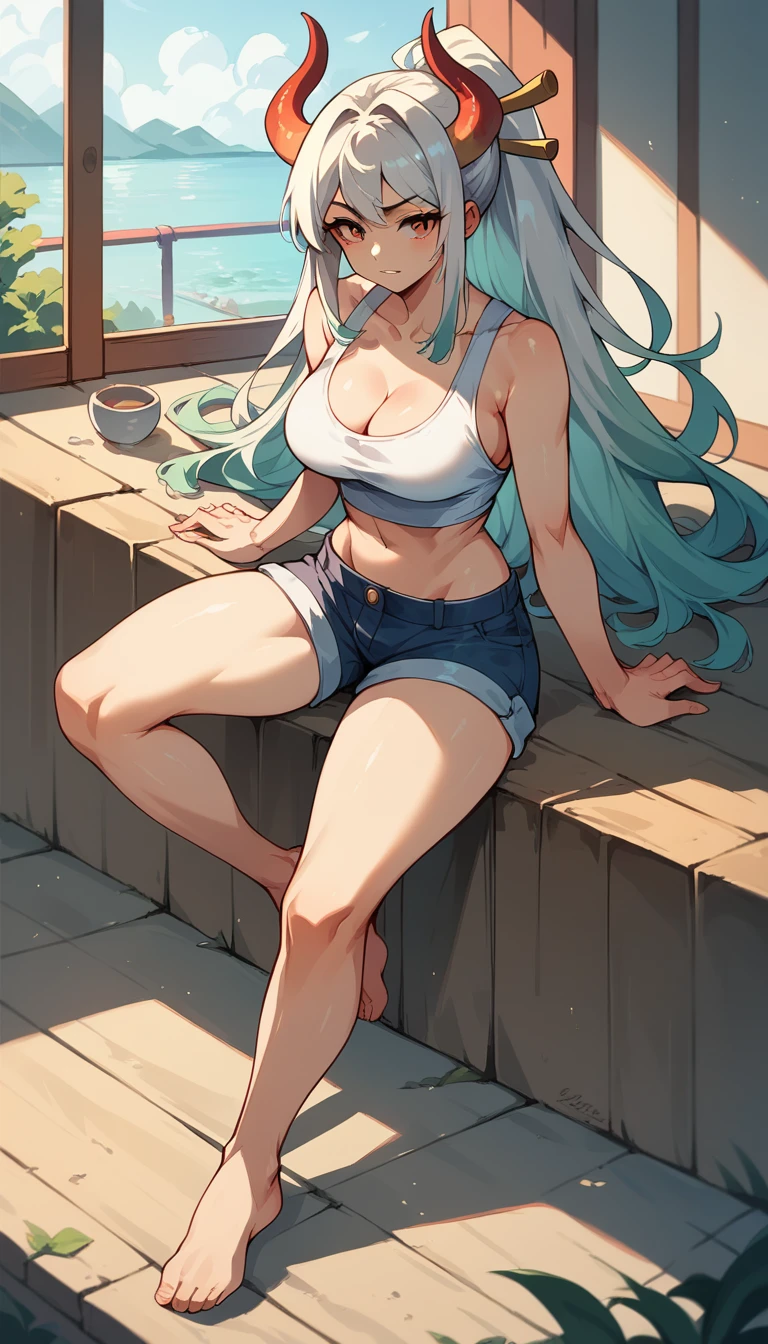 Yamato, barefoot, white crop-top, short shorts, cleavage 