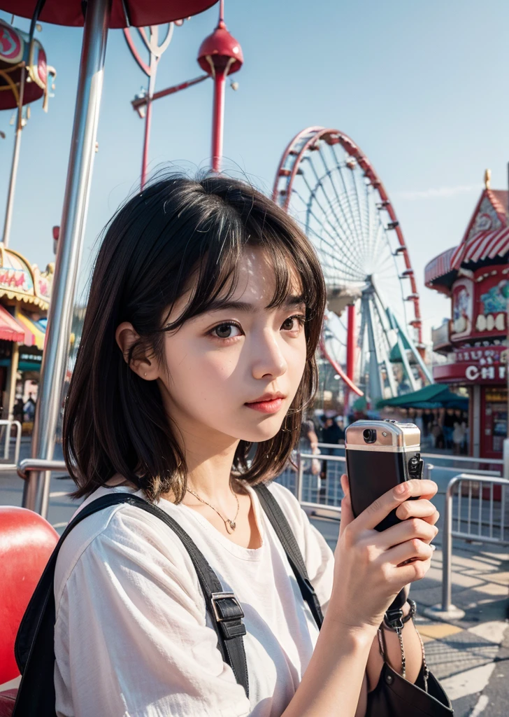 (Realistic, photo-Realistic:1.37),(8K, RAW Photos, Highest quality, masterpiece:1.2), cute, Ultra-detailed, 超High resolution, Kodak Vision Color, Filmed with an Arricam LT camera,Highest quality, Lively, 8K, High resolution, 1 girl, Escape, (Professional Lighting), (Portraiture:0.6), Black Hair, (Medium Hair),22 years old、amusement park、Going on a date、