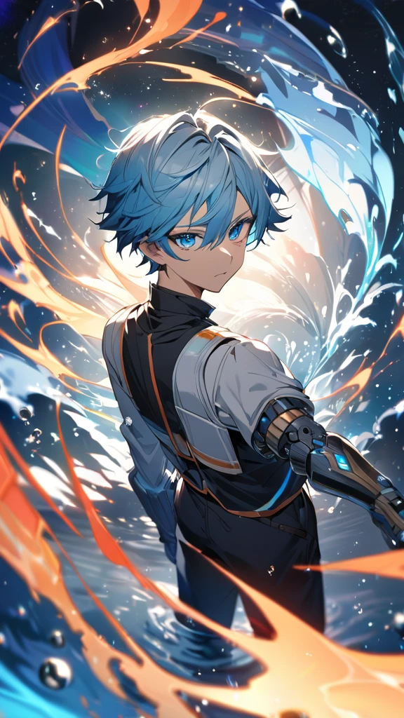 anime character Grimmjow Jaegerjaquez with (light blue hair) and blue eyes unleashing cool (water) magic from his one hand, the other arm is metal, robot arm, water, water particles, blue and white tinted black clothing, surrounded by vibrant water particles, emitting a cool, blue-white hue, ultra detailed, digital painting, with dramatic lighting, vivid colors, anime style from Mushoku Tensei: Jobless Reincarnation, from behind, facing viewer, looking back, from above