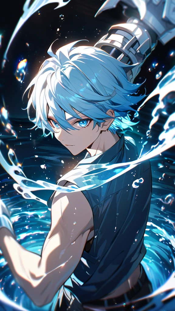 anime character Grimmjow Jaegerjaquez with (light blue hair) and blue eyes unleashing cool (water) magic from his one hand, the other arm is metal, robot arm, water, water particles, blue and white tinted black clothing, surrounded by vibrant water particles, emitting a cool, blue-white hue, ultra detailed, digital painting, with dramatic lighting, vivid colors, anime style from Mushoku Tensei: Jobless Reincarnation, from behind, facing viewer, looking back, from above