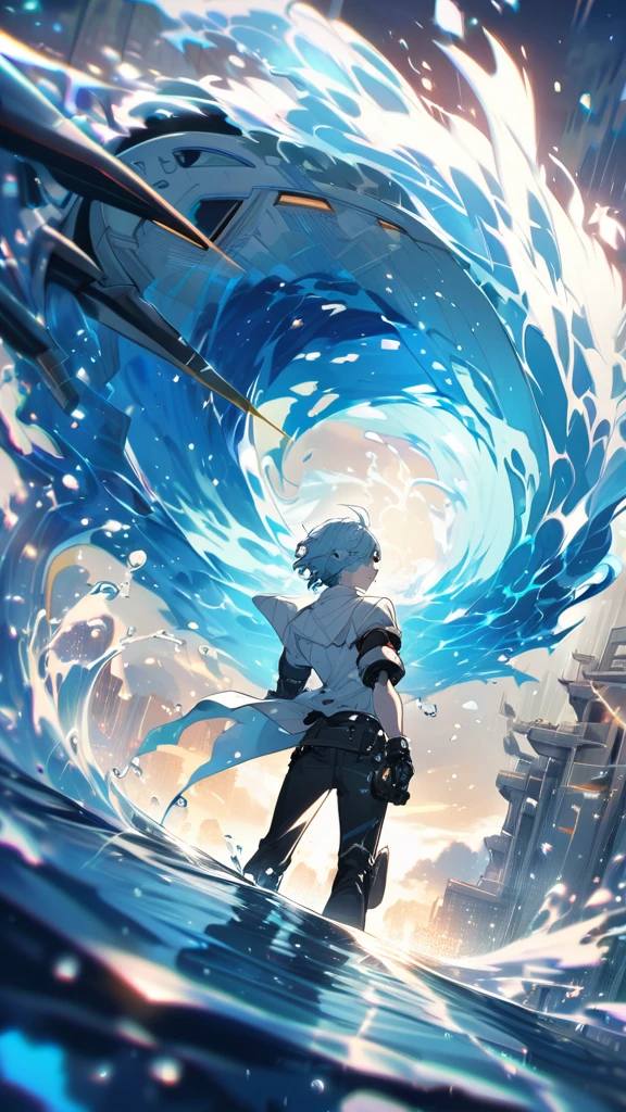 anime character Grimmjow Jaegerjaquez with (light blue hair) and blue eyes unleashing cool (water) magic from his one hand, the other arm is metal, robot arm, water, water particles, blue and white tinted black clothing, surrounded by vibrant water particles, emitting a cool, blue-white hue, ultra detailed, digital painting, with dramatic lighting, vivid colors, anime style from Mushoku Tensei: Jobless Reincarnation, from behind, facing viewer, looking back, from above