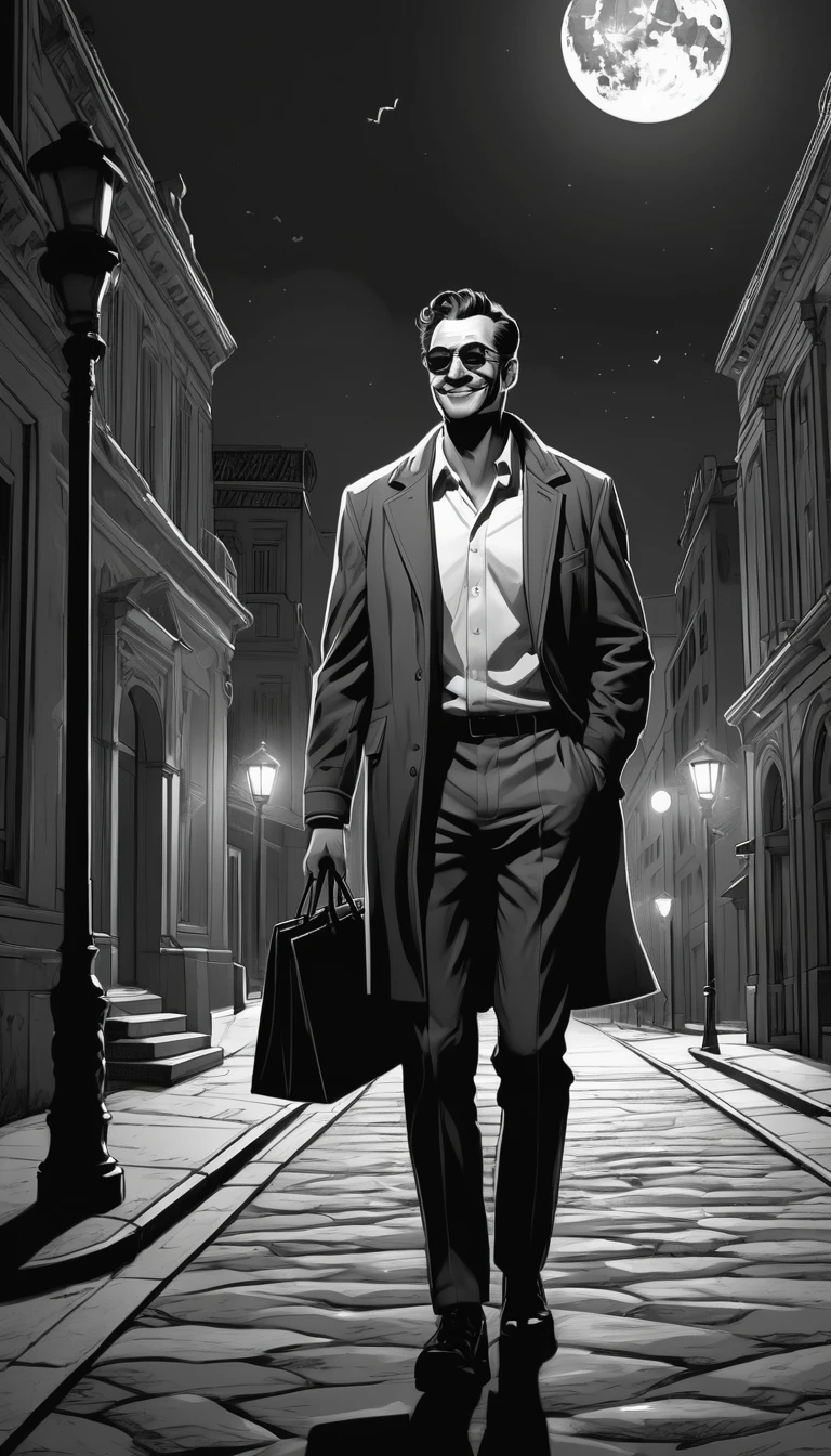 An adult man, of medium build, in a comic-style illustration, smiling slyly and maliciously while walk going away from an art´s museum, the general aesthetic is reminiscent of a strip black comic, with shades of gray in a black and white composition, enhanced by a single and mysterious touch of moonlight. adding an air of cinematic tension