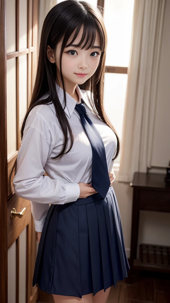 8K, Highest quality, masterpiece:1.2, RAW Photos, 1peopleの女の子, (e schrl, beautiful girl, Baby FaceDentition), night, (dark), Clear background indoors, (people々), Beautiful Bangs, nice,, (Clothing and uniforms:1.3), Soft lighting, Attractive breasts, ((怪しいdark部屋)), (Mouth closed:1.2, Beautiful Eyes, Fine grain, Detailed Iris, Beautiful Lips, Beautiful Nose, Beautiful Face), (primary color:1.5), (Gaze at the viewer, blush:1.2, Cute Smile), tie