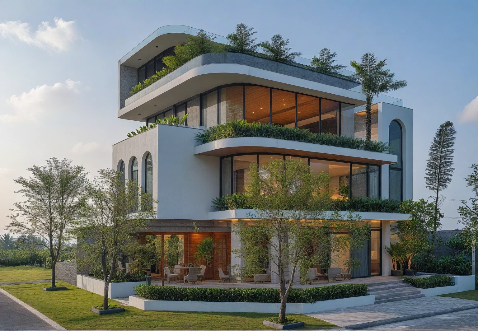 exterior house, contemporary style, white wall, wood wall, steel door, glass window, (realistic:1.2), Masterpiece, high quality, best quality, authentic, super detail, outdoors,road, trees, sky, cloud, (daylight:1.1), modern luxury villa, coconut trees, landscape, along the white beach, clear sky, day time, warm lighting RAW Photo, RAW texture, Super Realistic, 32K UHD, DSLR, soft lighting, high quality, film rating, Fujifilm XT3,Modern, Residential Architecture, car in front of house