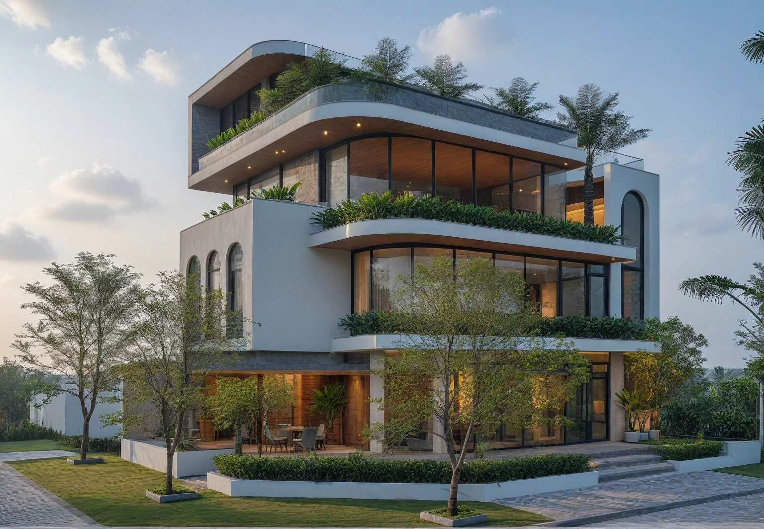 exterior house, contemporary style, white wall, wood wall, steel door, glass window, (realistic:1.2), Masterpiece, high quality, best quality, authentic, super detail, outdoors,road, trees, sky, cloud, (daylight:1.1), modern luxury villa, coconut trees, landscape, along the white beach, clear sky, day time, warm lighting RAW Photo, RAW texture, Super Realistic, 32K UHD, DSLR, soft lighting, high quality, film rating, Fujifilm XT3,Modern, Residential Architecture, car in front of house