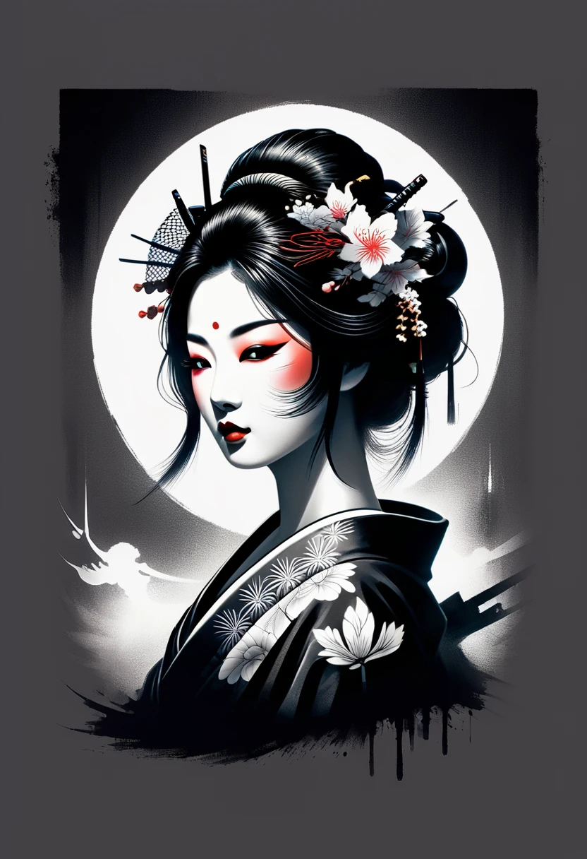 Design a t-shirt featuring a fantasy art illustration of geisha portrait profile with tattooed shoulder( half body) with a gaz mask ,crossed swords, Combine a detailed blackand white drawing with vibrant, colorful digital fantasy style featuring the word ( GEISHA). Draw inspiration from the intricate and dynamic styles of Dan Mumford, junko mizuno, and Frank Frazetta.negative space