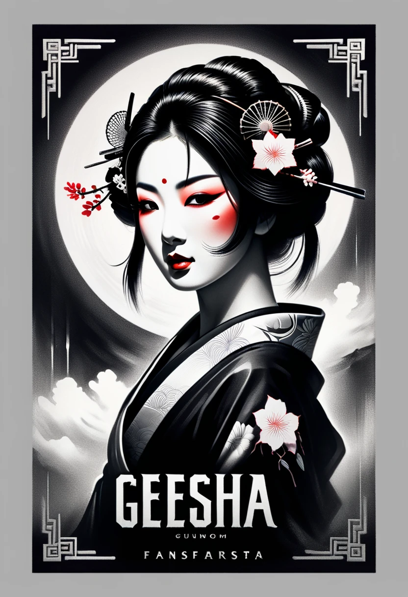 Design a t-shirt featuring a fantasy art illustration of geisha portrait profile with tattooed shoulder( half body) with a gaz mask ,crossed swords, Combine a detailed blackand white drawing with vibrant, colorful digital fantasy style featuring the word ( GEISHA). Draw inspiration from the intricate and dynamic styles of Dan Mumford, junko mizuno, and Frank Frazetta.negative space