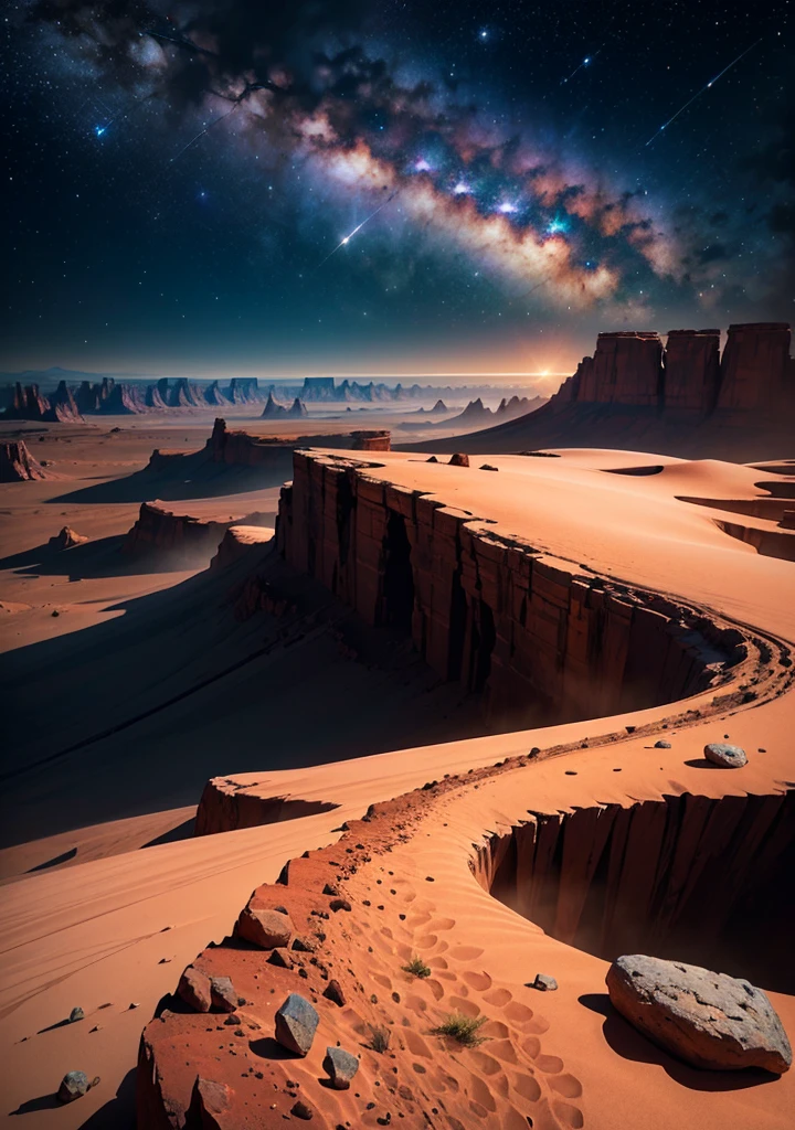 A breathtaking Martian landscape under the night sky, featuring an expanse of rocky terrain with scattered stones and boulders. Jagged mountains rise in the background, their silhouettes outlined by the soft glow of distant stars. The night sky is clear and filled with countless stars, casting a serene light over the barren, red-tinged surface of Mars. The scene is tranquil and otherworldly, capturing the stark beauty of the Martian night