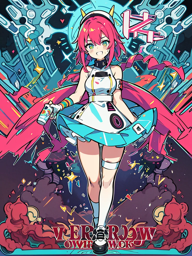 Create image poster concepts Cyberpunk Manga Madness Poster
Background: A bustling cyberpunk cityscape with towering skyscrapers, neon signs, and holographic projections of burgers and fries casting colorful glows in shades of neon blue, purple, and pink.

Character: In the center of the poster, a young woman with vibrant pink hair and large, glowing eyes in a cyberpunk manga style. She is depicted taking a big bite out of a digital-rendered burger, displaying a look of pure enjoyment and excitement.

Fast Food Imagery: Around the character, floating holographic projections of various futuristic fast food items:

Digital pizza slices with glowing toppings
Holographic onion rings emitting digital steam
Neon-lit milkshakes with swirling colors
Typography:

Bold, glowing red "Fast Food Frenzy!" heading with digital effects, placed prominently at the top of the poster.
Floating speech bubble with animated "Get Your Grub On!" tagline in futuristic font, positioned near the character to emphasize the theme.
Color Scheme: Vibrant and electric palette with neon blues, purples, pinks, and digital greens, creating a visually striking cyberpunk atmosphere.

Additional Elements:

Floating holographic icons of a digital ketchup bottle, soda cup, and high-tech chef hat scattered strategically around the poster to enhance the futuristic theme.
Final Touches: Ensure the layout is dynamic and balanced, with enough space for the manga character to stand out amidst the vibrant cyberpunk environment. Incorporate digital effects and neon glows to reinforce the futuristic aesthetic.