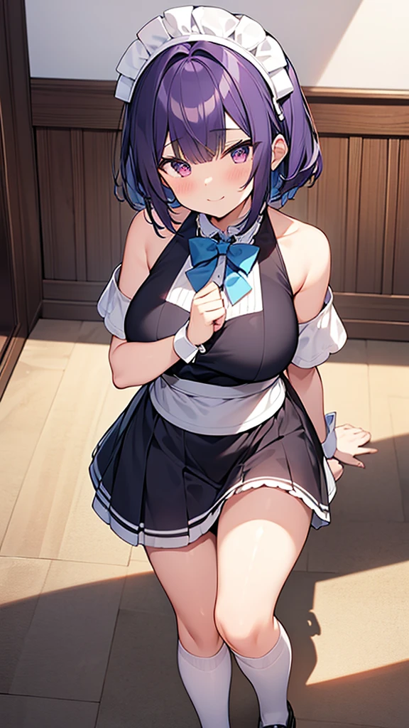最high quality, high quality, Super detailed, 32k, Ultra-detailed details, Sister and maid, {{メイドのサキュバスは妹の顔になってる}}, (Standing, pretty girl, beautiful purple hair, short hair, Beautiful RED eyes, mature, Big Breasts, A light smile, Off-the-shoulder sleeveless Summer メイド服, Summer casual maid clothes, Short skirt, Blue and white color striped underwear, Black knee socks, loafers, She's holding up her skirt with both hands to show her underwear, 18-year-old,cute), A maid who moves her body vigorously without caring if her breasts bounce, Super detailed, indoor, Full body image, ((Head to Toe:1.3)), NSFW