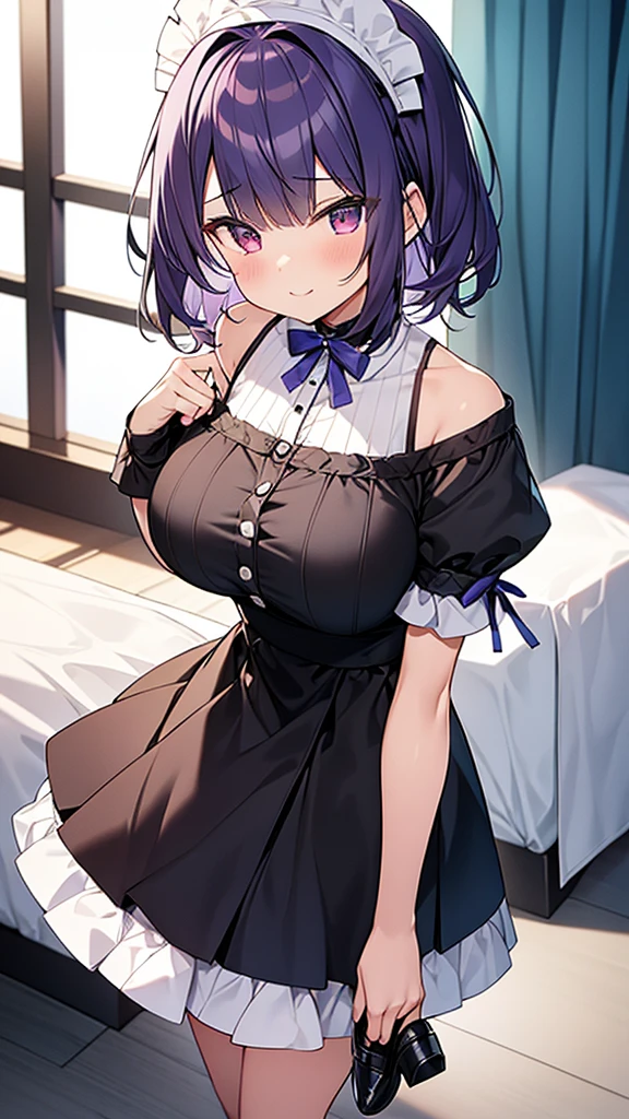 最high quality, high quality, Super detailed, 32k, Ultra-detailed details, Sister and maid, {{メイドのサキュバスは妹の顔になってる}}, (Standing, pretty girl, beautiful purple hair, short hair, Beautiful RED eyes, mature, Big Breasts, A light smile, Off-the-shoulder sleeveless Summer メイド服, Summer casual maid clothes, Short skirt, Blue and white color striped underwear, Black knee socks, loafers, She&#39;s holding up her skirt with both hands to show her underwear, 18-year-old,cute), A maid who moves her body vigorously without caring if her breasts bounce, Super detailed, indoor, Full body image, ((Head to Toe:1.3)), NSFW