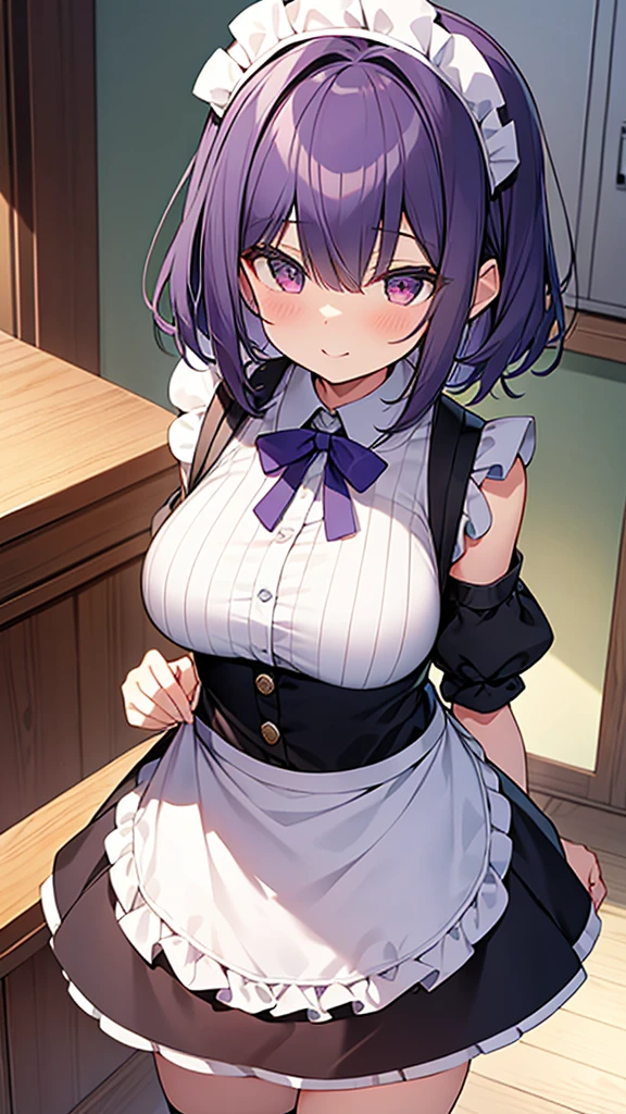 最high quality, high quality, Super detailed, 32k, Ultra-detailed details, Sister and maid, {{メイドのサキュバスは妹の顔になってる}}, (Standing, pretty girl, beautiful purple hair, short hair, Beautiful RED eyes, mature, Big Breasts, A light smile, Off-the-shoulder sleeveless Summer メイド服, Summer casual maid clothes, Short skirt, Blue and white color striped underwear, Black knee socks, loafers, She&#39;s holding up her skirt with both hands to show her underwear, 18-year-old,cute), A maid who moves her body vigorously without caring if her breasts bounce, Super detailed, indoor, Full body image, ((Head to Toe:1.3)), NSFW
