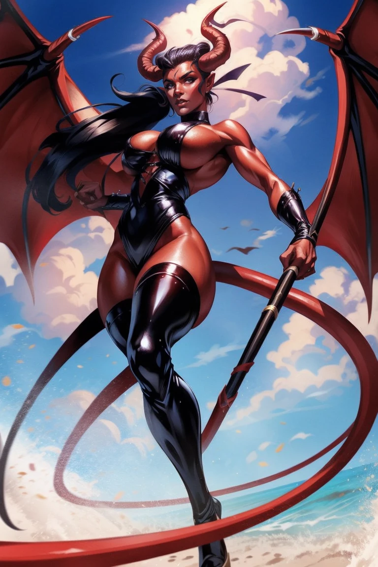 Red skin succubus tiefling, medium breasts, black horns, wings, huge tail, black leather, tall, toned, graceful, thin, long black ponytail. Action scene, whip.