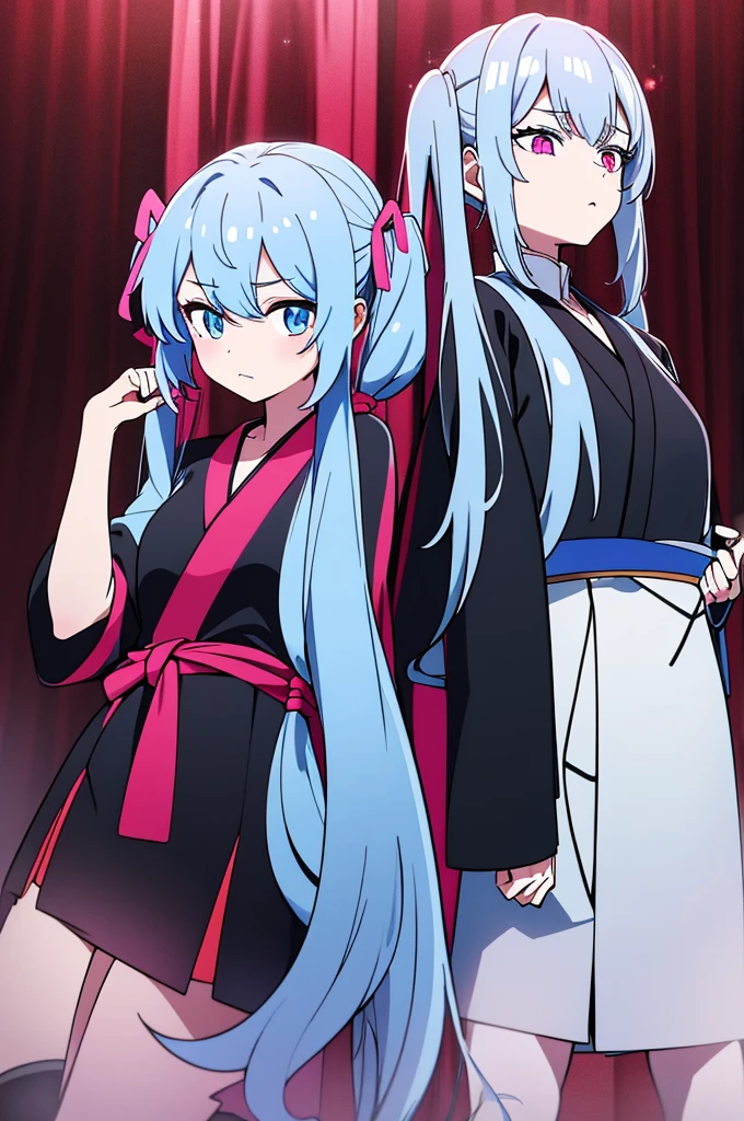 Light Blue Hair, Long Hair, Fair Skin, False Hair, Magic , Odd Eye, one person, Bust Up, Right Eye, Light Blue Eye, Left Eye, Pink Eye, gown, gown smail 笑顔　Black Robe　Black Robeを着ている　Red tie　shirt　Long hair with twin tails　Half Twin　flower　anime風The design　anime「Mashle」The design　日本のanimeThe design　fine　Black Robe　Half Twin　Long hair with twin tails Half Twin　One person　Black Robe　Red tie